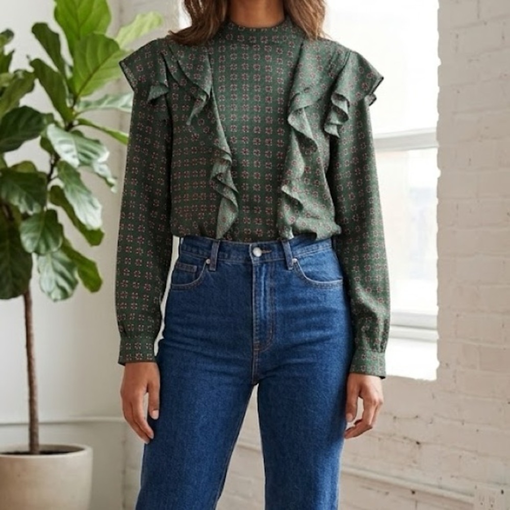 Scotch & Soda Green Floral Ruffled Long Sleeve Blouse Medium